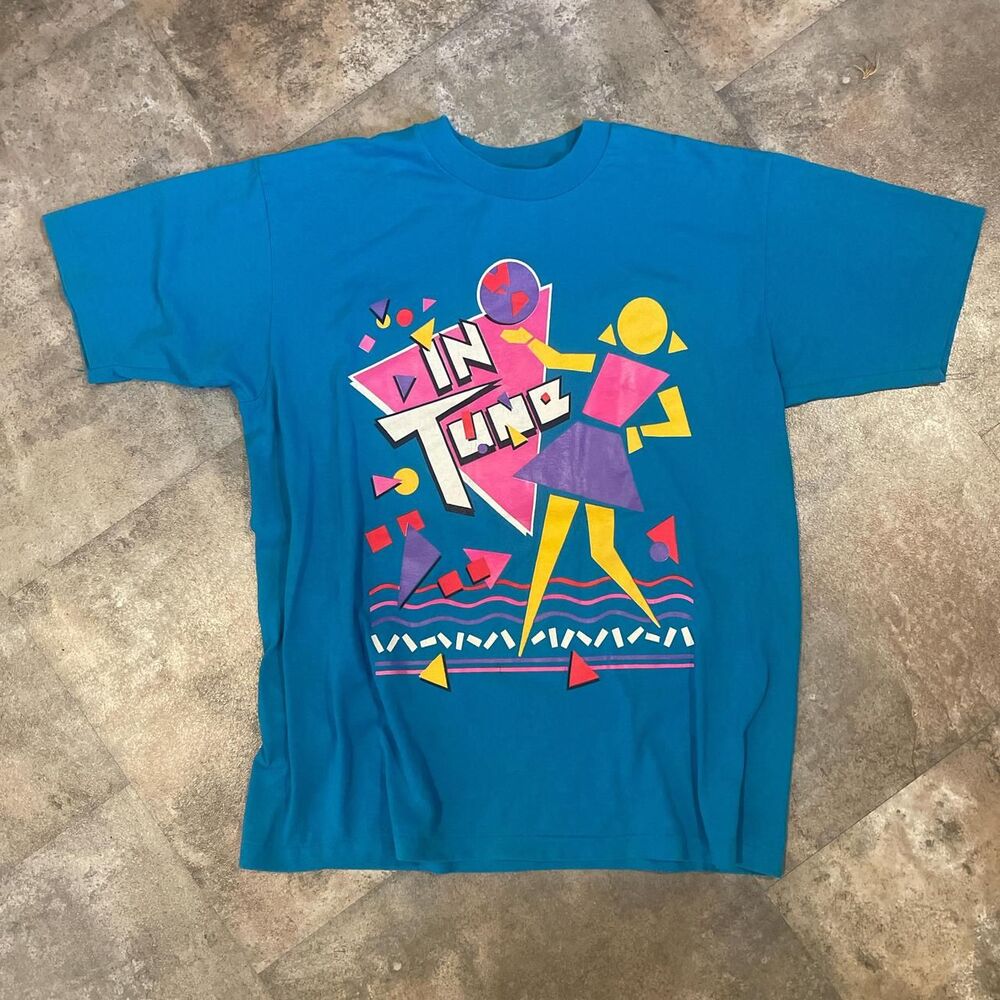 vintage hanes in tune blue pink and yellow 70s groovy graphic tshirt size large